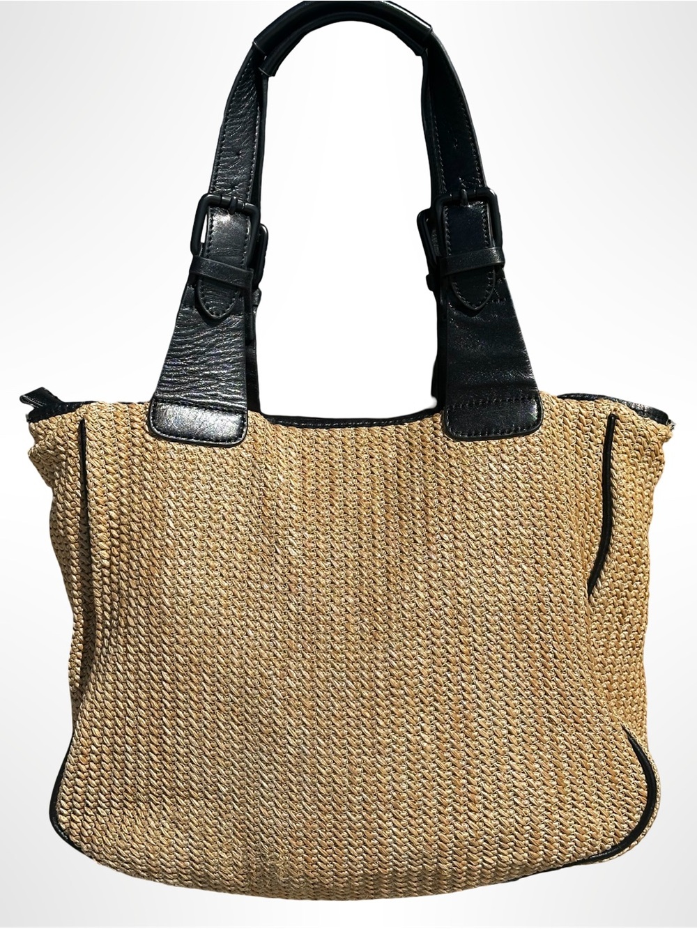 RUDSAK Straw Woven Leather Trim Tote Bag Black Flap Pocket Shoulder Purse - Picture 2 of 12